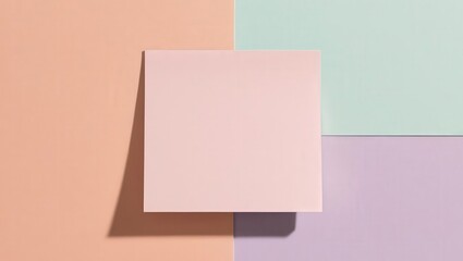 Pastel Note: Blank pale pink square sticky note against a backdrop of soft peach, mint green, and lilac hues.  Perfect for adding your own message or design.