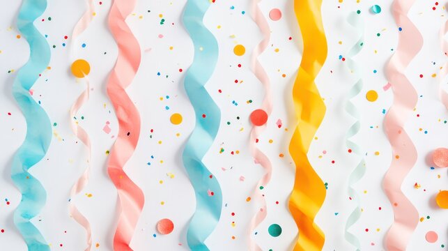Colorful streamers and confetti on white background Birthday or party decoration Top view flat lay