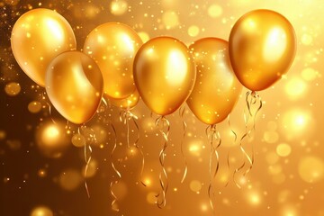 Golden balloons float on a bokeh background. Perfect for celebration, anniversary, or luxury themes.
