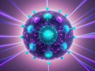 Obraz premium Cosmic Interconnectivity: An abstract rendering of a futuristic sphere, pulsating with energy and interconnectedness. The vibrant blue and purple nodes are linked by a web of glowing lines.