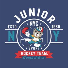 Adorable bear character playing and loving hockey sport, fun vector illustration.