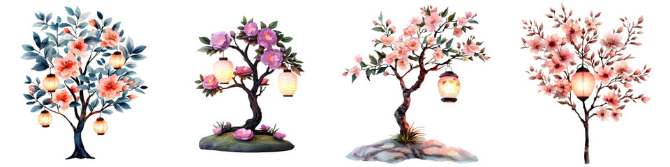 Vibrant Blooming Trees with Colorful Flowers and Foliage in Nature Scenery   Beautiful springtime or summer outdoor landscape with lush blossoming trees flourishing plants