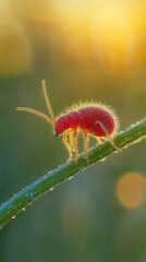 Velvet Mite Climbs a Blade of Grass in Glowing Sunlight With Bokeh Background. Generative AI