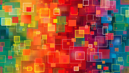 A vibrant abstract design featuring colorful squares and rectangles.