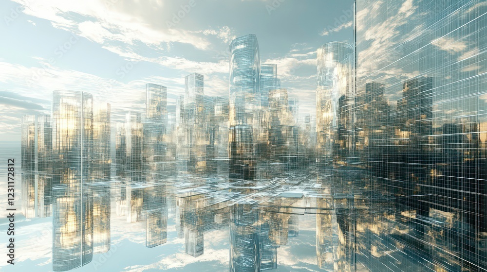 Poster concept of building a virtual city with holographic skycrapers. metaverse or augmented reality. 3d r