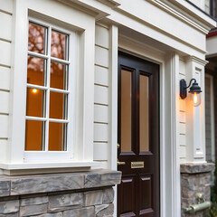 Fototapeta premium Elegant Home Exterior: Modern Architecture and Classic Design. A stunning front door and stone accents create curb appeal in this beautiful house. View high-resolution images for details.