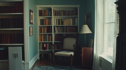 Cozy reading nook with an armchair beside a bookshelf filled with colorful books and natural light