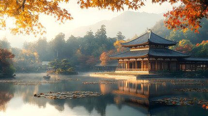 Fototapeta premium Serene autumn landscape featuring a traditional building by a tranquil lake.