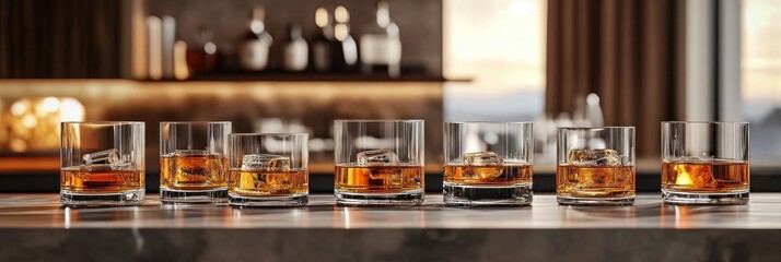 Six Glasses of Amber Whiskey on Bar Counter