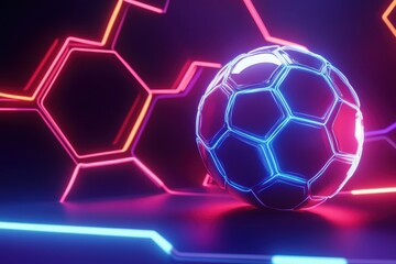 Fototapeta premium A neon soccer ball is surrounded by a colorful hexagonal pattern