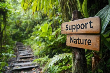 A sign in a forest that says Support Nature