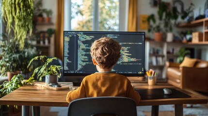 Young Boy Focused on Computer Code at Home Office