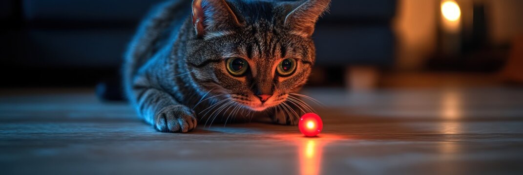 Curious Cat Gazing at a Glowing Red Toy