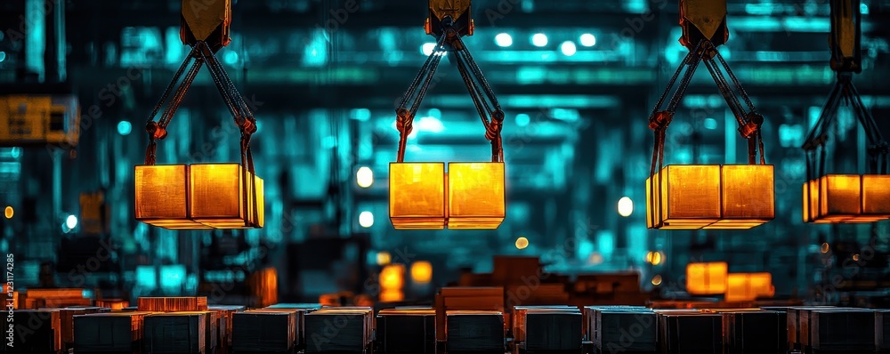 Poster a modern industrial scene showing glowing containers being moved by automated cranes in a high-tech 