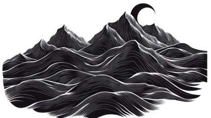 Crescent moon shining over rolling hills landscape with transparent background