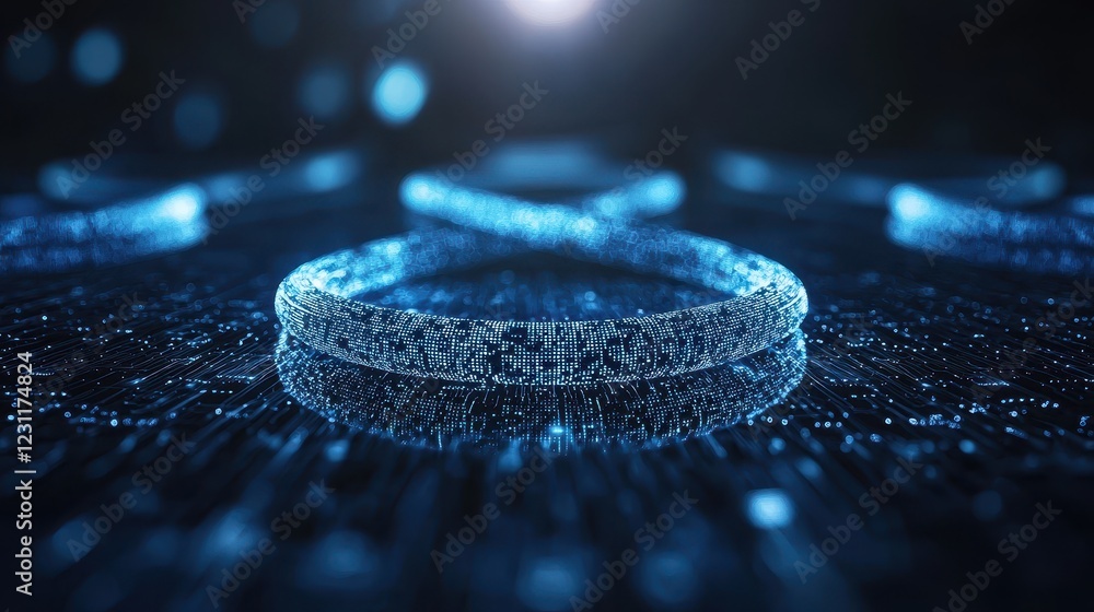 Poster a glowing, circular digital structure is surrounded by shimmering particles, creating a futuristic, 