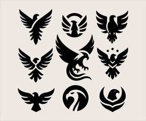 Eagle logo set in black and white. Collection of eagle symbols.