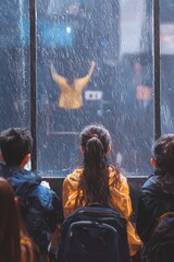 Obraz premium A class watches the rain together, some smiling and others lost in thought
