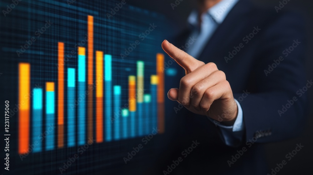Poster a business professional interacts with a digital graph, showcasing data analysis and insights throug
