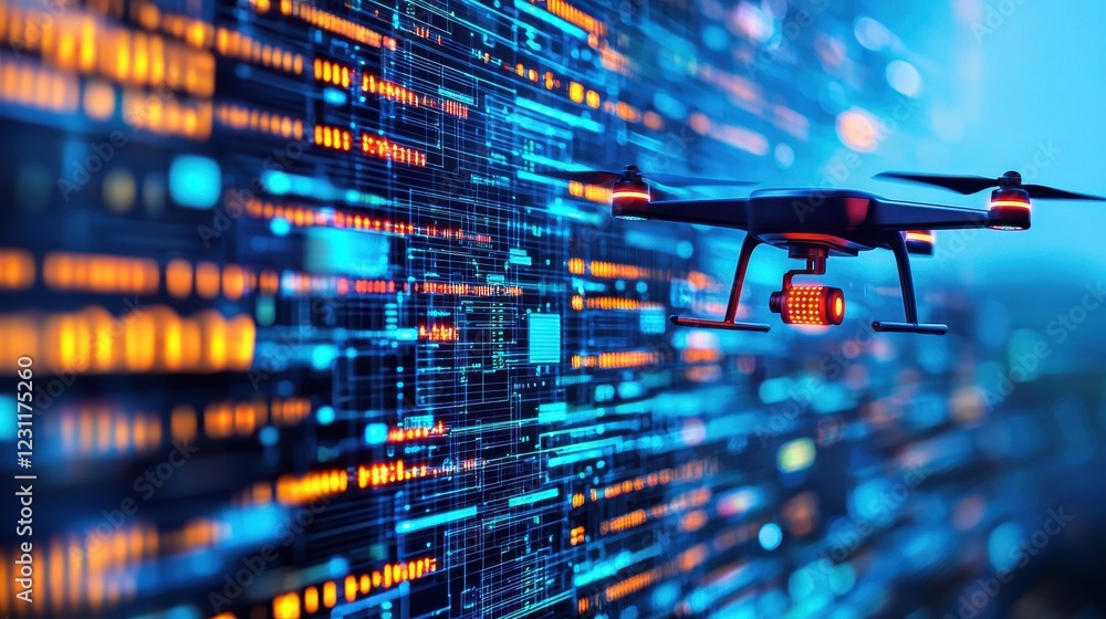 Poster a drone hovers in a vibrant digital environment, showcasing the intersection of technology and data 