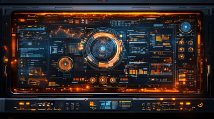 Futuristic interface displaying complex data visualizations and analytics with glowing orange and blue elements, conveying high tech and advanced business environment
