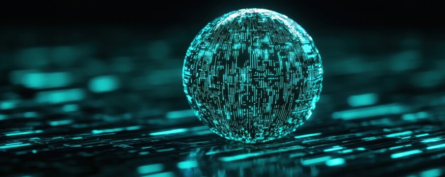 A glowing sphere surrounded by flowing binary code creates a futuristic digital landscape, symbolizing technology and data.