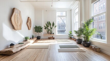 Fototapeta premium Bright yoga studio with wood floors, plants, and large windows.