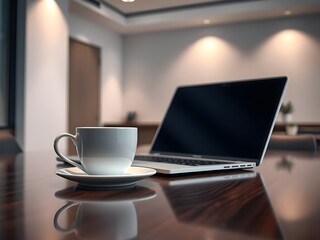 White coffee cup with laptop computer on office table for business concept, in clean office.