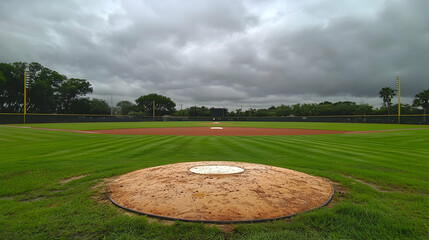 A unique view from the pitcher's mound, looking out over the empty baseball field under overcast skies