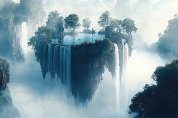 Fantasy landscape with floating islands and cascading waterfalls, surrounded by mist and bathed in soft, ethereal light