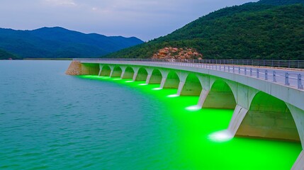 Obraz premium Curved Concrete Bridge over Green Water with Mountain Background