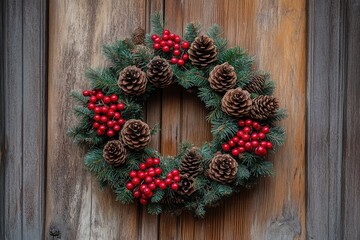 Festive wreath adorned with pinecones and red berries on a wooden door, welcoming the holiday season in a cozy, rustic setting