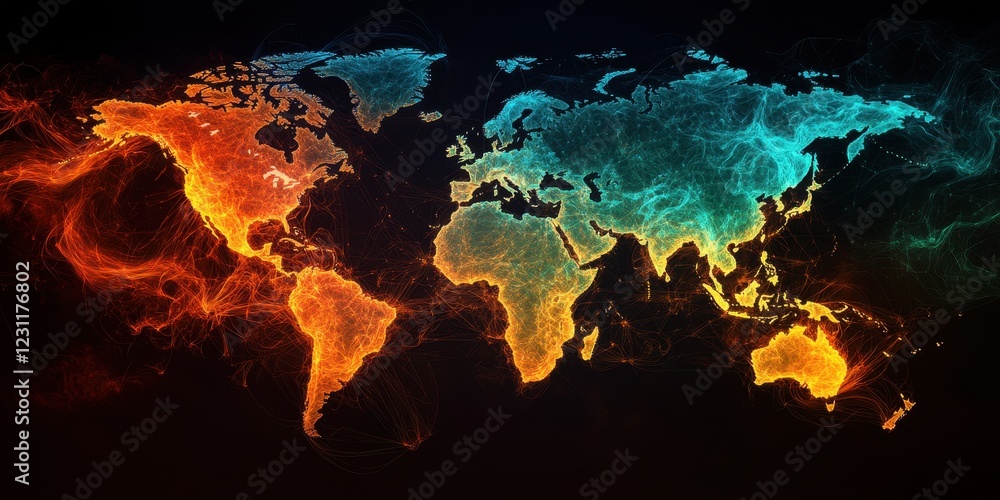 Poster dynamic global map concept world overview digital art visualization dark environment aerial perspect