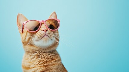A stylish ginger cat wearing trendy pink sunglasses, posing confidently against a vibrant turquoise background. Perfect for summer-themed campaigns, pet fashion promotions, and playful marketing