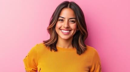 Fototapeta premium Smiling Woman in Yellow Sweater Against Pink Background