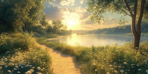 Serene Summer Landscape with Sunlight Over Calm Water
