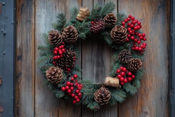 Festive wreath adorned with pinecones and red berries on a wooden door, welcoming the holiday season in a cozy, rustic setting