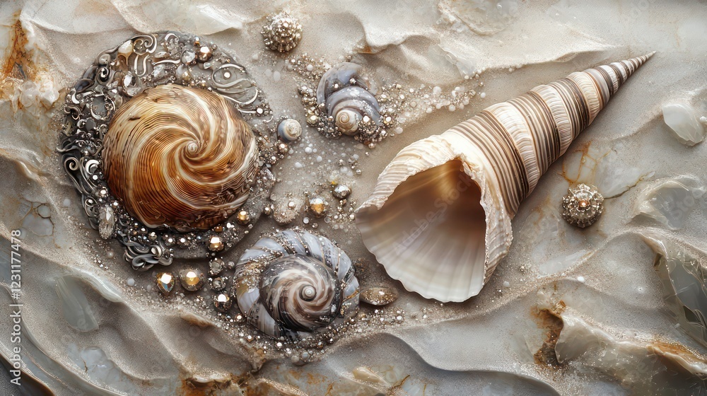 Poster detailed seashells with complex patterns, nestled in a bed of sparkling sand and tiny gemstones