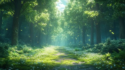 Obraz premium Enchanted Forest Path: A Sunlit Walk Through Nature's Majesty