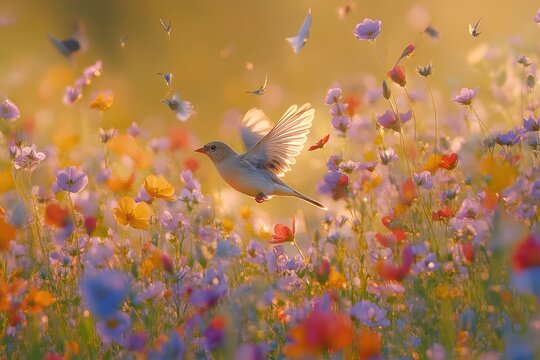 Finches flitting among blooming wildflowers in a meadow, their quick movements creating a lively scene