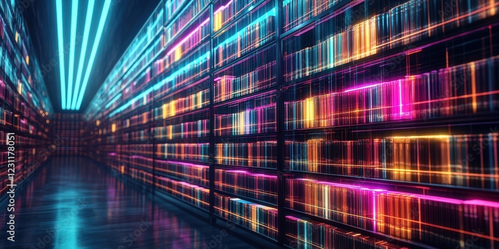 Poster dynamic data visualization concept in a futuristic library digital environment high-tech perspective