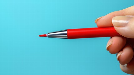 Close-Up of Hand Holding Vibrant Red Pen on Bright Blue Background