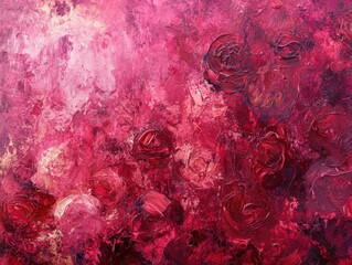 Abstract painting featuring red and pink roses with textured brushstrokes and vibrant hues