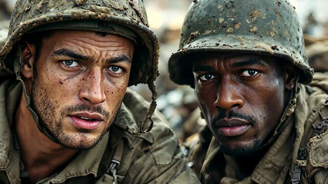 Brothers in Arms: Close-up portrait of two determined soldiers, one Caucasian and one African American, showcasing their intense focus and unwavering resolve amidst the grim realities of war.