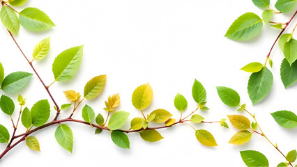 Vibrant Green and Yellow Leaves on White Background