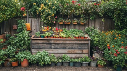 Obraz premium Vibrant Flower And Vegetable Garden Planters Against Rustic Wooden Fence