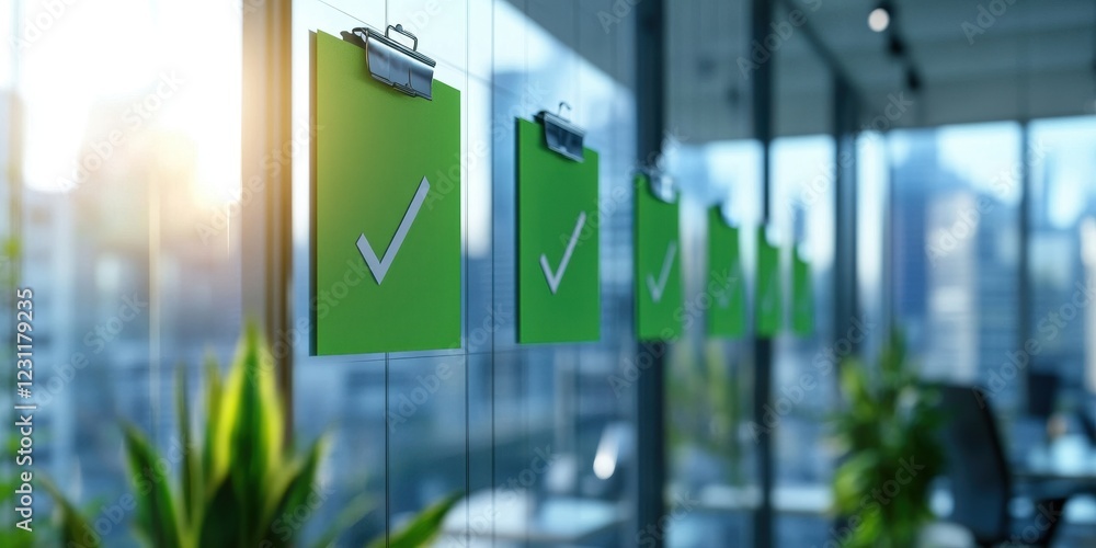 Poster conceptual business checklists displayed in an urban office environment visual content modern design