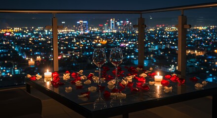 Romantic Evening: A Stunning Rooftop Valentine’s Celebration with City Views