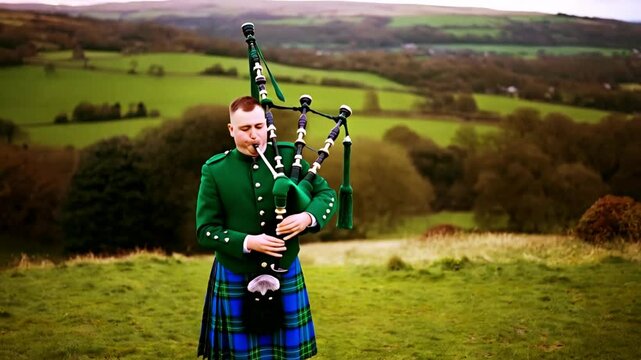 A traditional bagpipe player in full Irish attire, standing on a hill with a scenic countryside background
