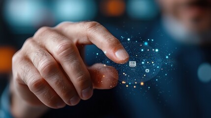 A close-up of a hand interacting with digital technology and virtual data visualization.
